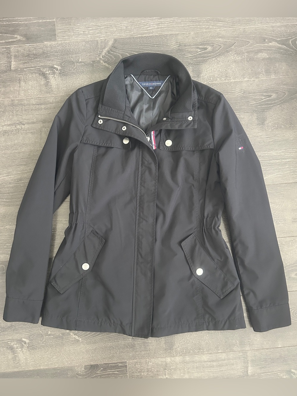 Tommy Hilfiger Black Lightweight Rain Jacket Trench Coat Cinch Waist / Size S